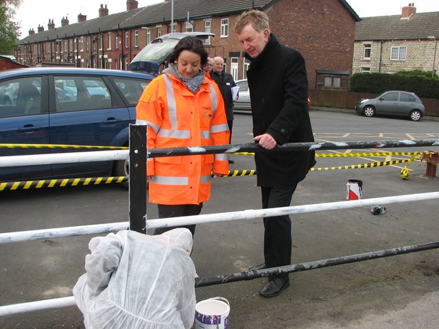 Colin Burgon MP visits young offenders working at Micklefield station: Colin Burgon MP, young offender and Vicki Smith, community safety manager from Network Rail