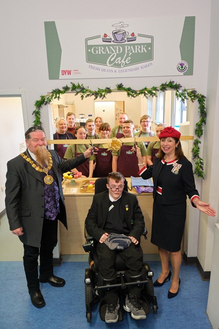 Provost Todd and the Lord-Lieutenant of Ayrshire and Arran official opening the Grand Park cafe