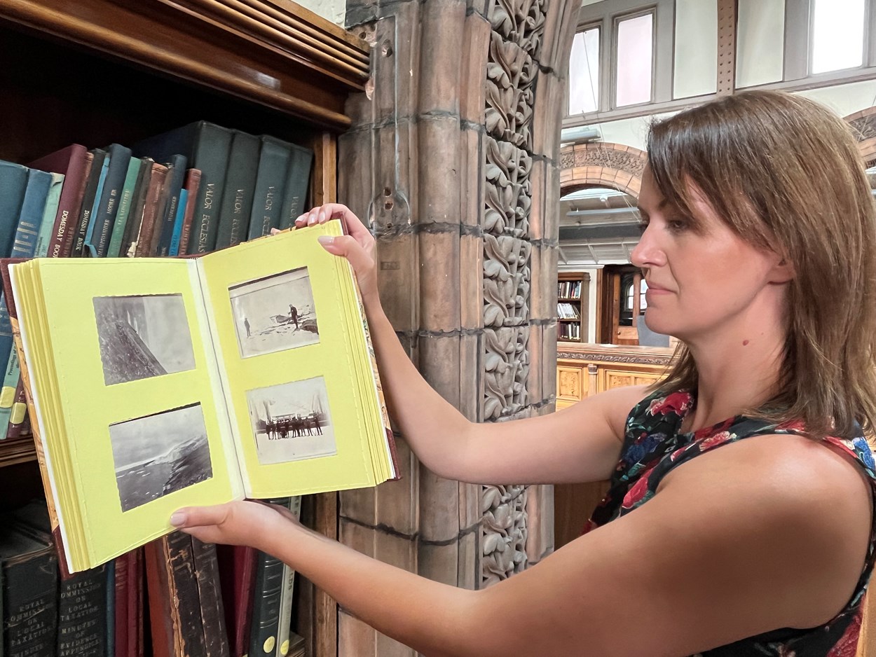 Antarctic photo album: During routine cataloguing in Leeds Central Library’s strongroom, special collections librarian Rhian Isaac (pictured) found what appeared to be an unassuming family photo album tucked away on a shelf.
Despite its somewhat drab 1990s binding, inside she found an enthralling series of images documenting the mission of The Morning, a relief ship to Captain Robert Falcon Scott’s first expedition to the Antarctic between 1901-4.