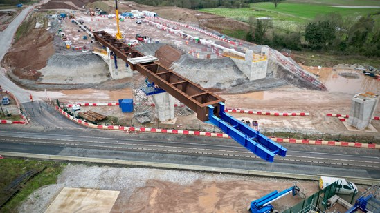 HS2 moves first huge Delta Junction viaduct section over M42/M6 link road: 84 metre steel viaduct section moving over the westbound link road