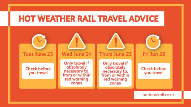 Rail passengers travelling to, from, or within extreme heat zones urged to only travel if absolutely necessary during record heatwave: Hot weather travel advice graphic June 2026