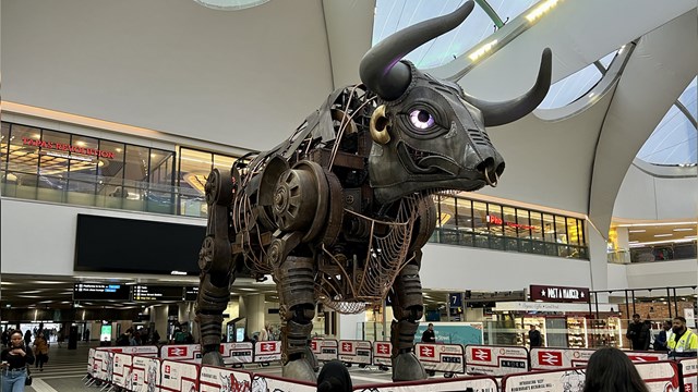 Star guests see Ozzy the bull roar back into Birmingham New Street station: Ozzy the bull real copy