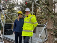 NatureScot Chief Executive Francesca Osowska and South of Scotland's Director of Net Zero, Nature & Entrepreneurship, Dr Martin Valenti, at the Flux Tower - free use picture - please credit NatureScot
