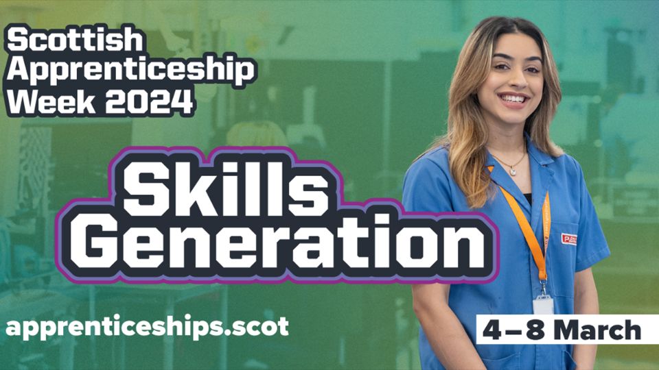 Scottish Apprenticeship Week 2024 toolkit image with young female on green background.