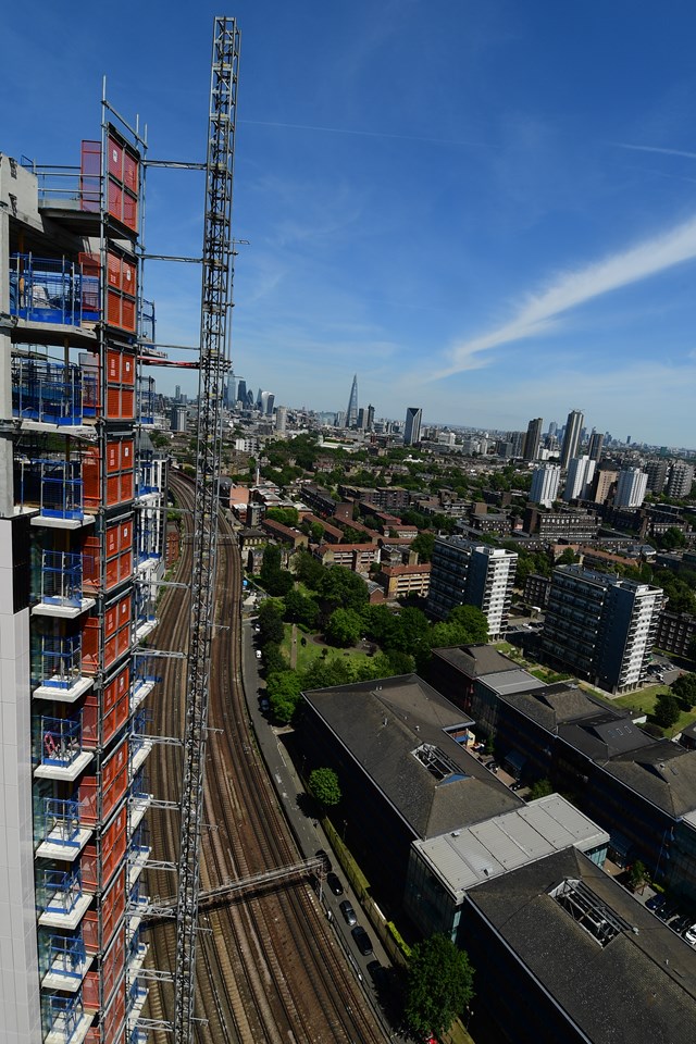 London apartments under construction by the railway