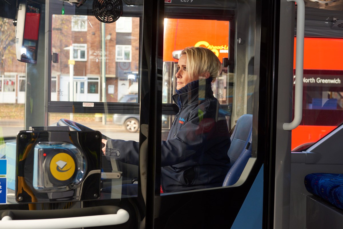 A bus driver, Kelly Myatt, in a zero emission electric bus at Go-Ahead's Bexleyheath Depot in south-east London.