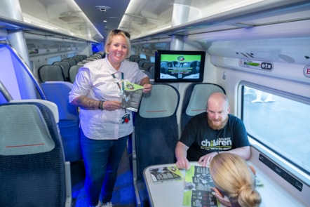 Left to Right: Natalie Richbell-Beer (Avanti West Coast Safeguarding and Crime Manager) and Joe Clay (Safeguarding Partnerships Manager at Railway Children) spoke with customers on trains.