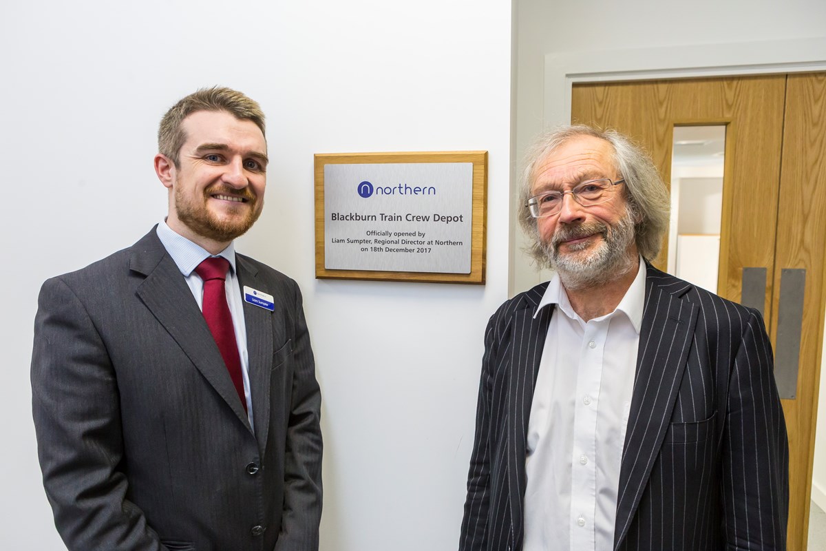 Northern Regional Director Liam Sumpter (left) and Cllr Phil Riley, Executive Member for Regeneration and Deputy Leader at Blackburn with Darwen Council open the new train crew depot.