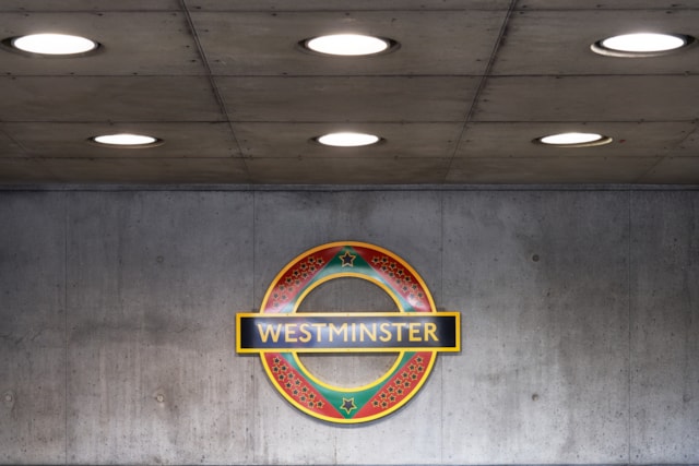 Larry Achiampong, PAN AFRICAN FLAG FOR THE RELIC TRAVELLERS’ ALLIANCE (UNION), 2022, Westminster Underground station. Commissioned by Art on the Underground. Courtesy the artist and Copperfield, London. Photo by Alastair Fyfe