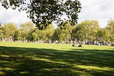 A shot looking across Highbury Fields on a sunny day, with people sat on the grass talking