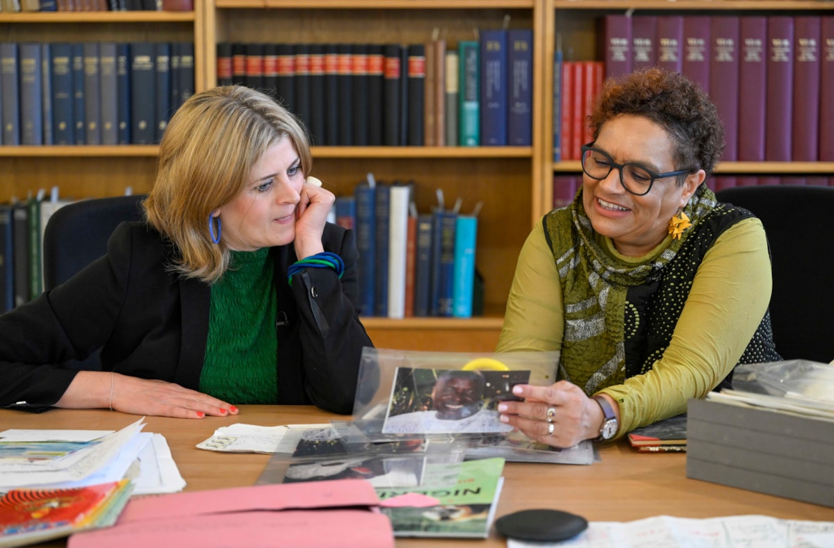 Poet and novelist Jackie Kay at the National Library of Scotland with National Librarian Amina Shah (left). The National Library has acquired Jackie Kay's literary archive for the national collections. Credit: Neil Hanna