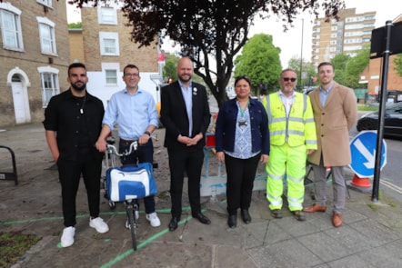 Cllr Mete Coban, Will Norman, London's Walking and Cycling Commissioner, Mayor of Hackney Philip Glanville, and officers from the Councils streetscene service