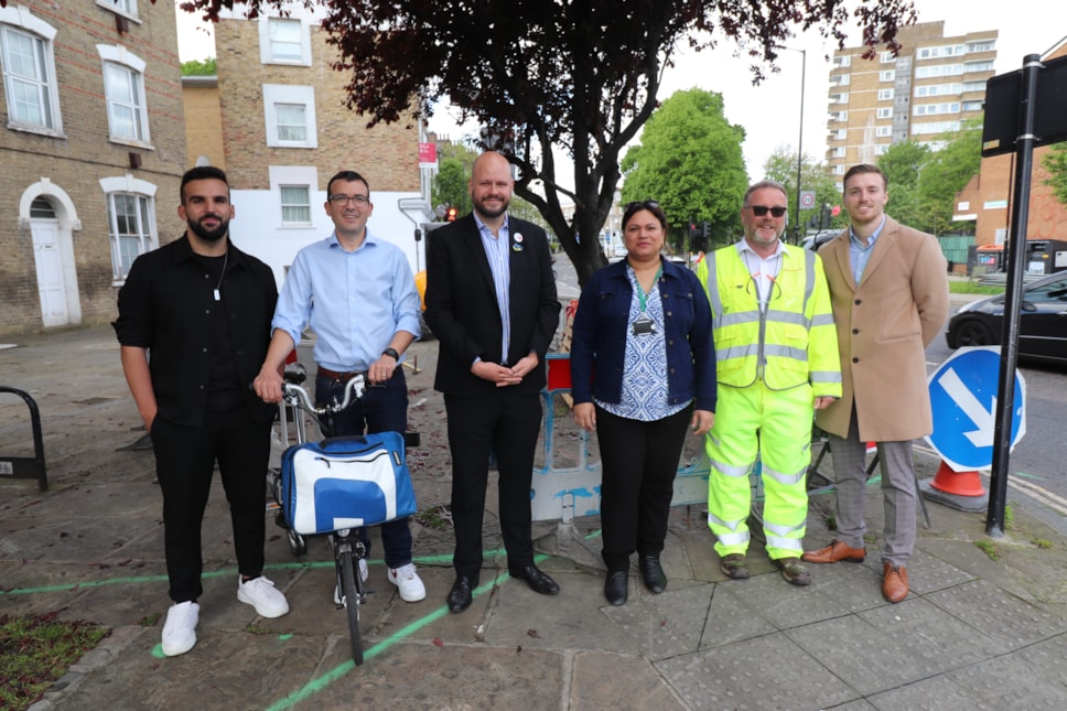 Cllr Mete Coban, Will Norman, London's Walking and Cycling Commissioner, Mayor of Hackney Philip Glanville, and officers from the Councils streetscene service