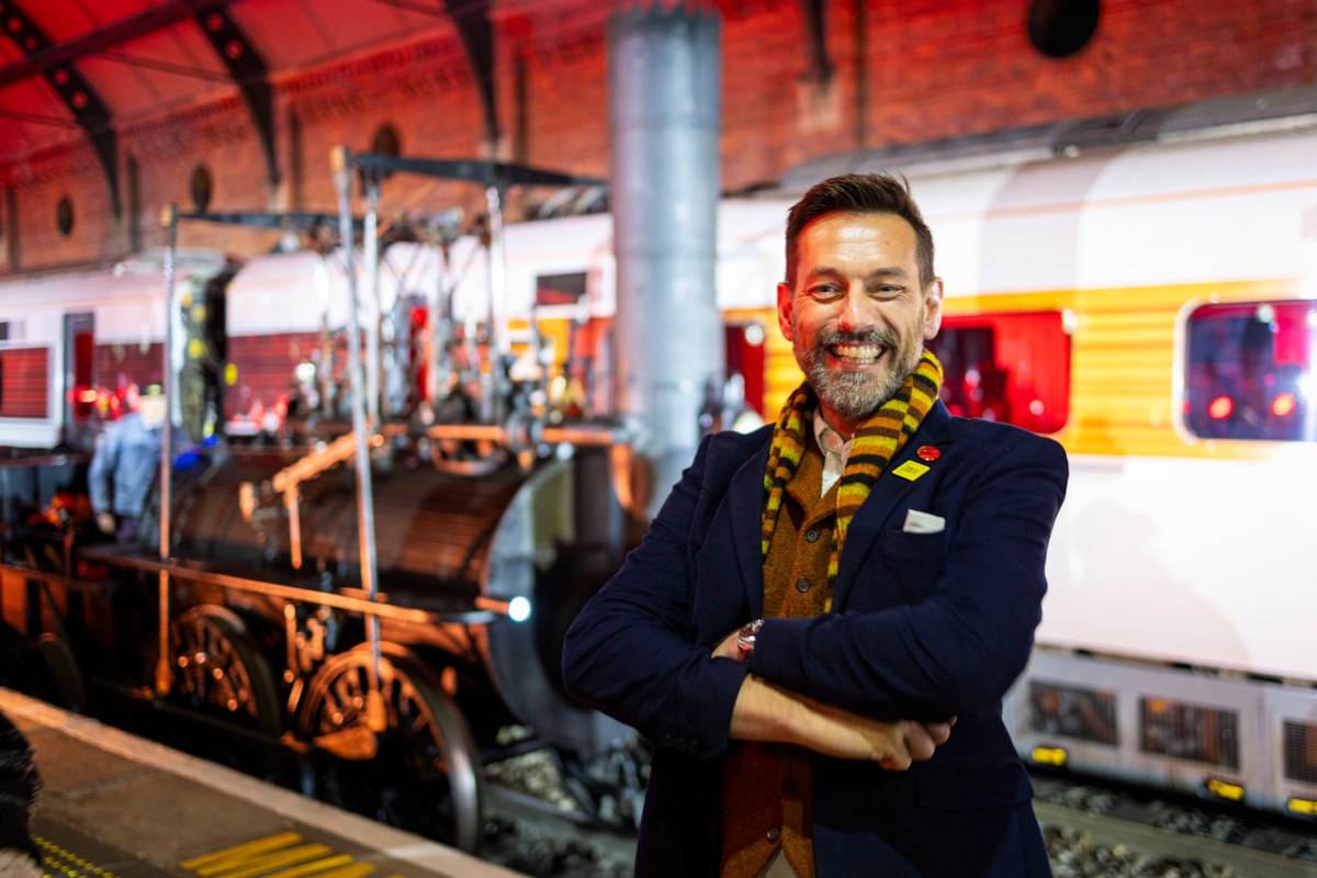 Railway Historian and TV Presenter Tim Dunn alongside Locomotion No 1 and LNER Azuma 'Darlington'