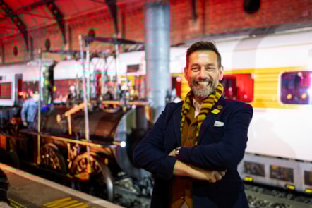 Railway Historian and TV Presenter Tim Dunn alongside Locomotion No 1 and LNER Azuma 'Darlington'