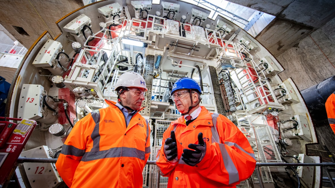 HS2 reveals giant tunnelling machines ready for 4.5-mile drive to Euston: Rail Minister, Lord Peter Hendy, and new HS2 CEO Mark Wild at Old Oak Common East box where the Euston TBMs are being prepared-2