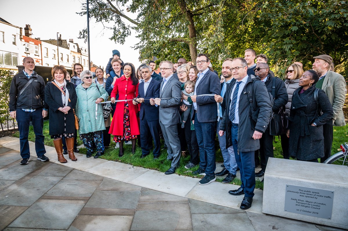 The Mayor of London, Sadiq Khan, joins Cllr Claudia Webbe, Islington Council's executive member for environment and transport, and Cllr Richard Watts, leader of Islington Council (L-R front row) to officially launch the transformed Highbury Corner with local residents, campaigners, councillors and project team members