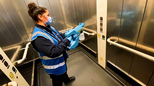 Euston station Covid-19 cleaning inside lift