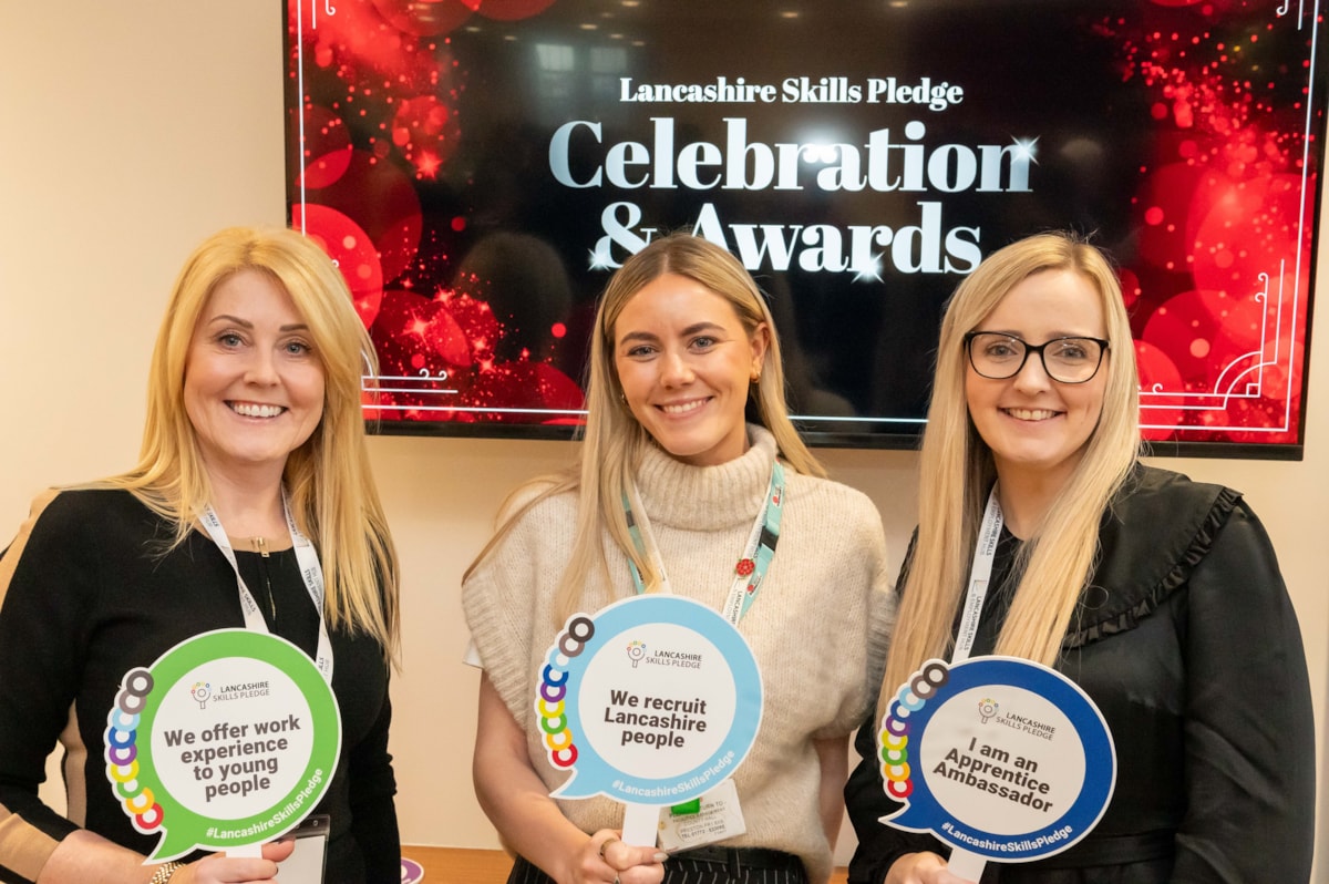 Pictured from left to right at the Lancashire Skills Pledge Celebration and Awards are Caroline Hurt, of Hurt Plant Hire Ltd, Lauren Capstick a Skills Hub Team member and Zowi Whittaker, of Hurt Plant Hire Ltd and Fox Group