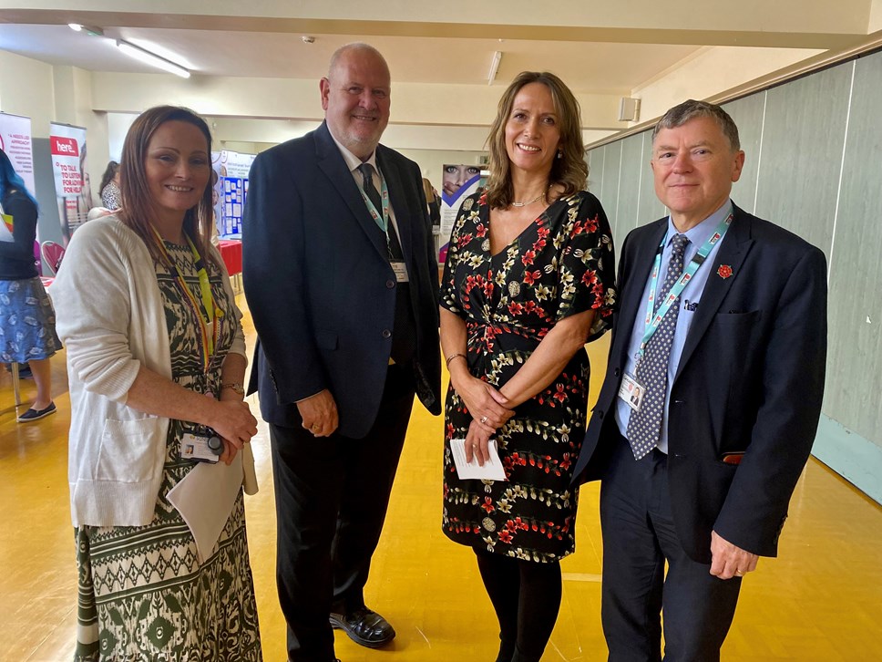  Alex Atkinson, head of service for Safenet; CC Alan Cullens, lead member for community and cultural services for LCC; Helene Cooper, policy, information and commissioning manager for LCC; County Councillor Peter Buckley, cabinet member for community and cultural services for LCC.