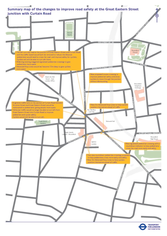 TfL sets out plans to improve road safety at key junctions in Hackney: TfL Graphic - Curtain Road and Great Eastern Street junction overview map