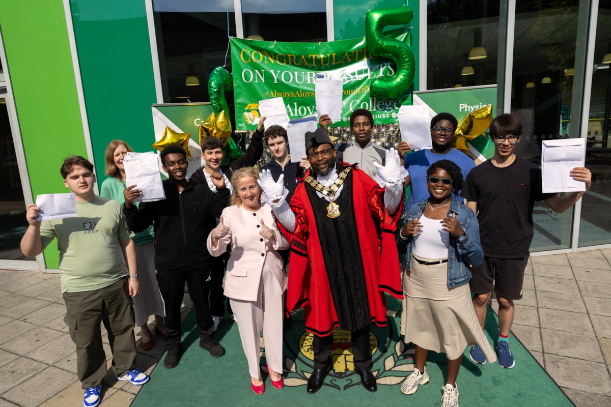 St Aloysius' College students celebrate with the Mayor of Islington and Council Leader Cllr Una O'Halloran