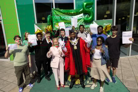 St Aloysius' College students celebrate with the Mayor of Islington and Council Leader Cllr Una O'Halloran