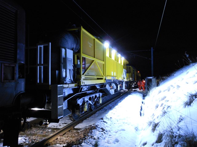 Purpose-built snow clearing train for winter weather in Scotland: Complete with  hot air blowers, steam jets, brushes, scrapers and anti-freeze to help clear the tracks 
winter weather. Snow
