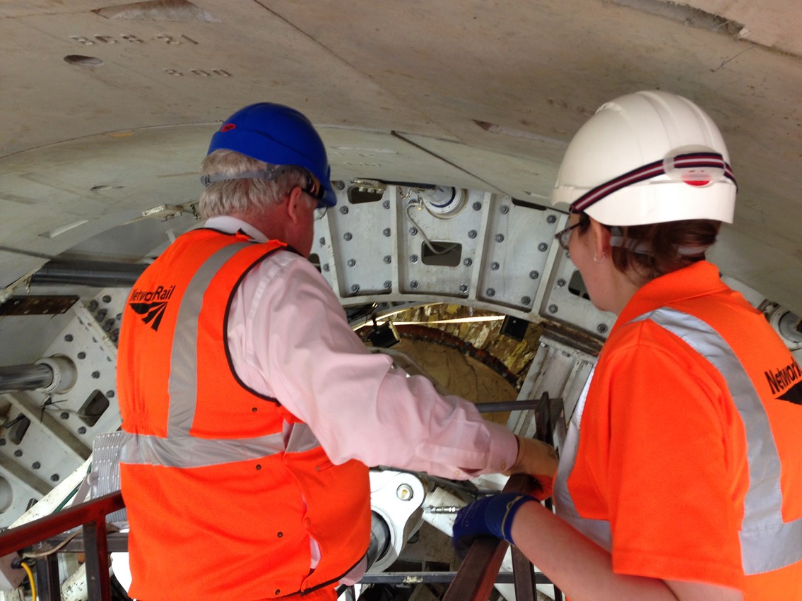 Patrick McLoughlin and Bethan Dale inside the Farnworth Tunnel- boring machine