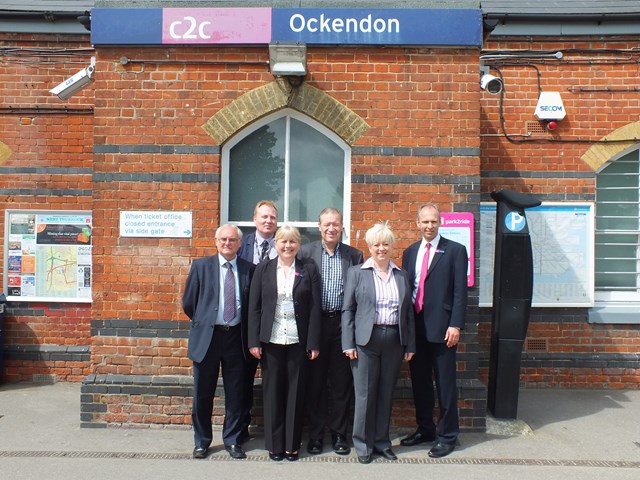From left to right: David Mullan from ATOC, Sean Cronin from Network Rail, Julie Davies the Assistant Group station manager for c2c, Cllr Andy Smith from Thurrock Council, Jackie Doyle-Price MP, and Julian Drury, the managing director of c2c.