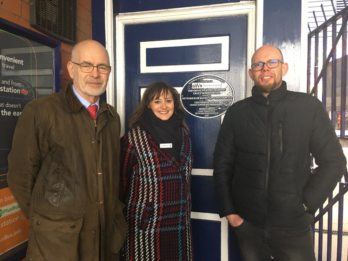 Plaque unveiled to celebrate restoration of Cleethorpes Clock Tower: Left to right: Andy Savage, Executive Director of the Railway Heritage Trust, Lucja Majewski, Regional Development Manager for TransPennine Express, Alex Derevonko, Asset Engineer for Network Rail