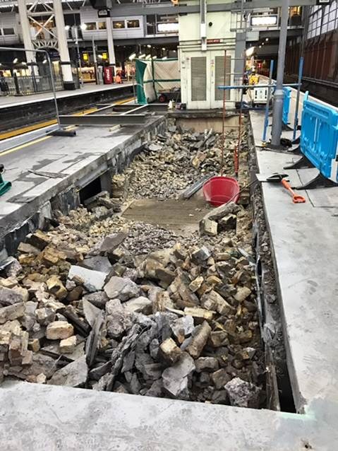 Platform 1 and 2 at Waterloo. Over Christmas, engineers broke through the platforms to create what will eventually become a new entrance to the underground