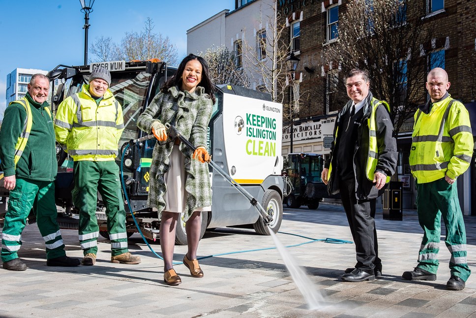 Islington's new Aquazura pavement washer with council staff and Cllr Claudia Webbe, Islington's executive member for environment and transport (centre)