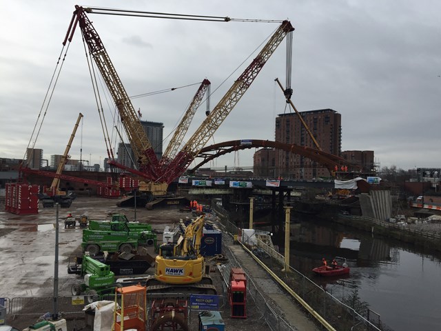 The biggest crawler crane in the UK lifting the network arch into place at Ordsall Chord