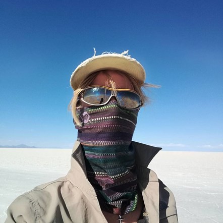Kate takes protection in the salt flats