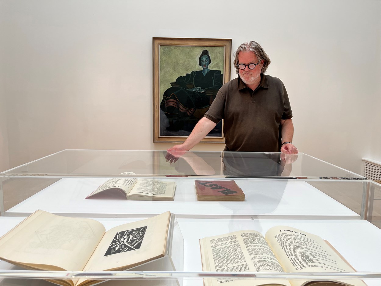 Praxitella display: Nigel Walsh, curator at Leeds Art Gallery with Praxitella, created by famed British avant-garde artist Percy Wyndham Lewis in around 1921 and objects explaining the story behind it.