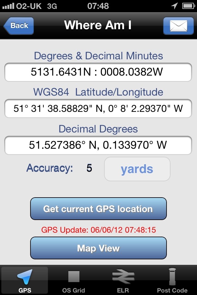 The Where Am I? app in use: The Where Am I? app in use, showing how it can translate different forms of location information