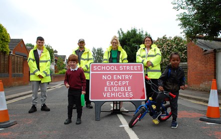 Photo shows:
Vicki Lucas – School Business Manager (right)
Sophie Greenaway – Headteacher (middle)
Richard Harvey – Caretaker (middle)
Leo Calvert-Brydges, Volunteer Marshal (left)
Harry Thameside pupil (front left)
Yvarni Thamesdie pupil (front right)