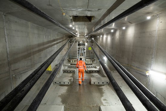 Inside the arches of the Colne Valley Viaduct under construction April 2023