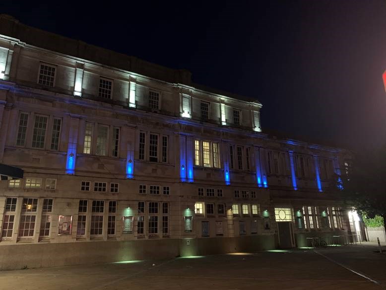Swansea railway station lit up blue for NHS and all critical workers: Swansea Station 1