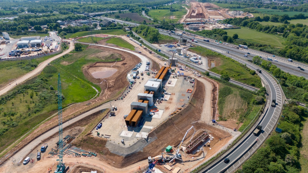HS2 prepares for first M6 viaduct slide: Aerial view of the first section of the M6 South viaduct being assembled May 2025