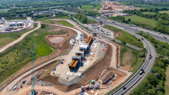 Aerial view of the first section of the M6 South viaduct being assembled May 2025: Aerial view of the first section of the M6 South viaduct being assembled May 2025