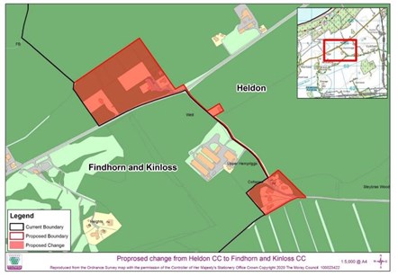 Community Council boundary change 2021: Image of the change of boundary between Heldon Community Council and Findhorn and Kinloss Community Council.