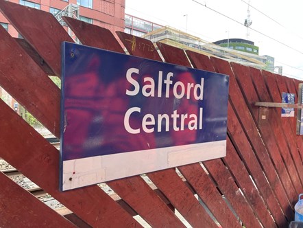 Image shows Salford Central station signage