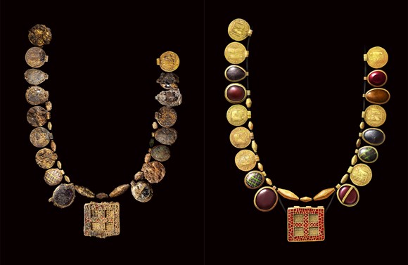 “Once-in-a-lifetime” 1,300-year-old gold and gemstone necklace discovered within internationally significant female burial: Necklace reconstruction and layout side by side © MOLA (Hugh Gatt)
