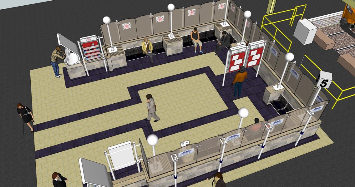 Carlisle station refurbishment_3: CGI impression of new seating area at the head of platforms 5 and 6, forming a Gateway to the Settle - carlisle and Hadrian's Wall lines.