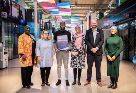Cllr Carole Williams, Cabinet Member for Employment, Human Resources and Equalities; Apprentice Ambassadors Anna Canby Monk, Kashan Heath and Atiyyah Rawat; Philip Glanville, Mayor of Hackney; and Dr Sandra Husbands,  Director of Public Health for Hackney and the City of London