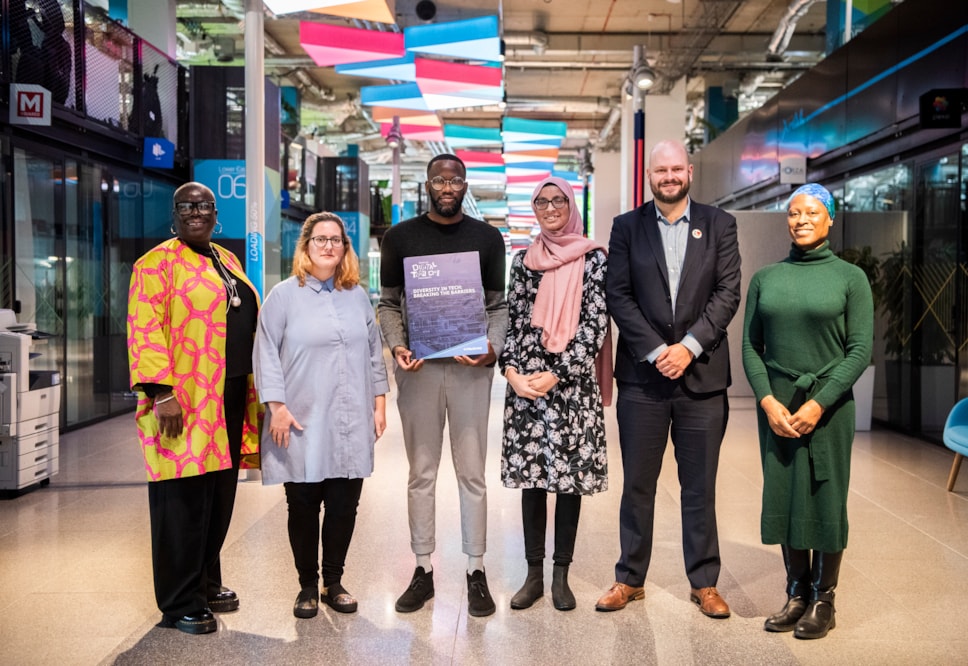 Cllr Carole Williams, Cabinet Member for Employment, Human Resources and Equalities; Apprentice Ambassadors Anna Canby Monk, Kashan Heath and Atiyyah Rawat; Philip Glanville, Mayor of Hackney; and Dr Sandra Husbands, Director of Public Health for Hackney and the City of London
