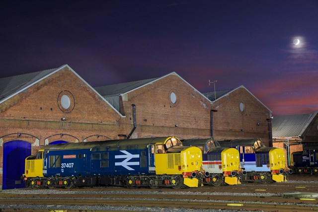 Rail industry raises £3,000 for Yorkshire-based charity through loco photoshoot: Three Class 37 locos lined up at Holgate Engineering Works, Chris Gee Network Rail (2)