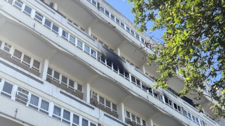 A photo of the exterior of Sara Lane Court showing the flat affected by the fire on 24 April 2026 cropped